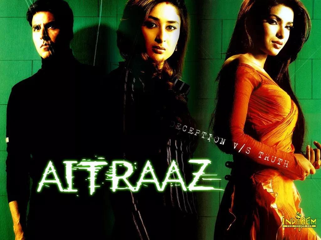 Aitraaz (2004) movie poster featuring Akshay Kumar, Priyanka Chopra, and Kareena Kapoor from the Bollywood courtroom thriller film.