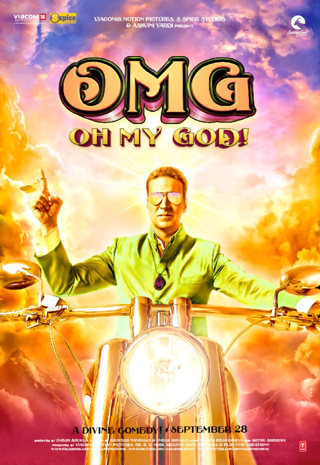 Akshay Kumar on a golden bike in OMG – Oh My God! movie poster, the 2012 satirical courtroom drama featuring Paresh Rawal.
