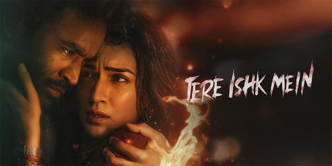 A dramatic close-up still from the film showing the lead pair in an intense romantic moment, perfectly reflecting the emotional depth discussed in the Tere Ishk Mein Trailer Review.