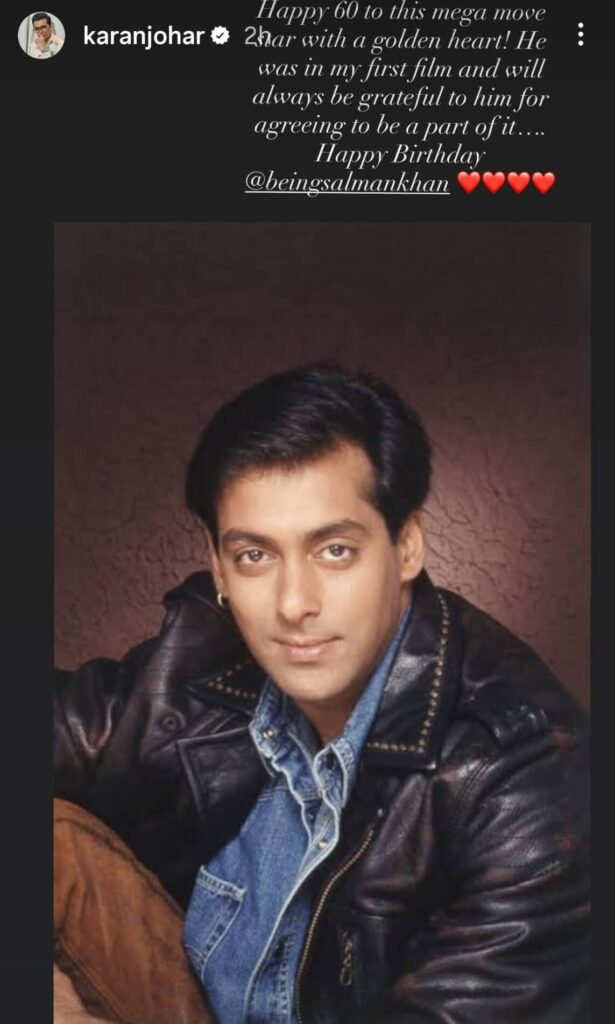 Karan Johar’s message was deeply personal, recalling Salman Khan’s presence in his first directorial film and expressing lasting gratitude.