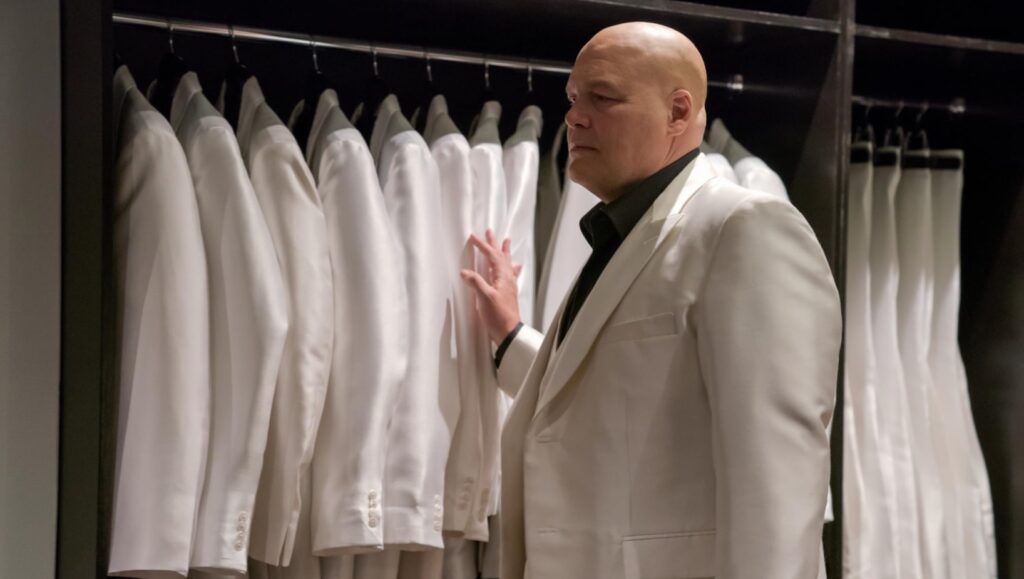 Wilson Fisk wearing his iconic white suit inspired by Marvel Comics in Daredevil