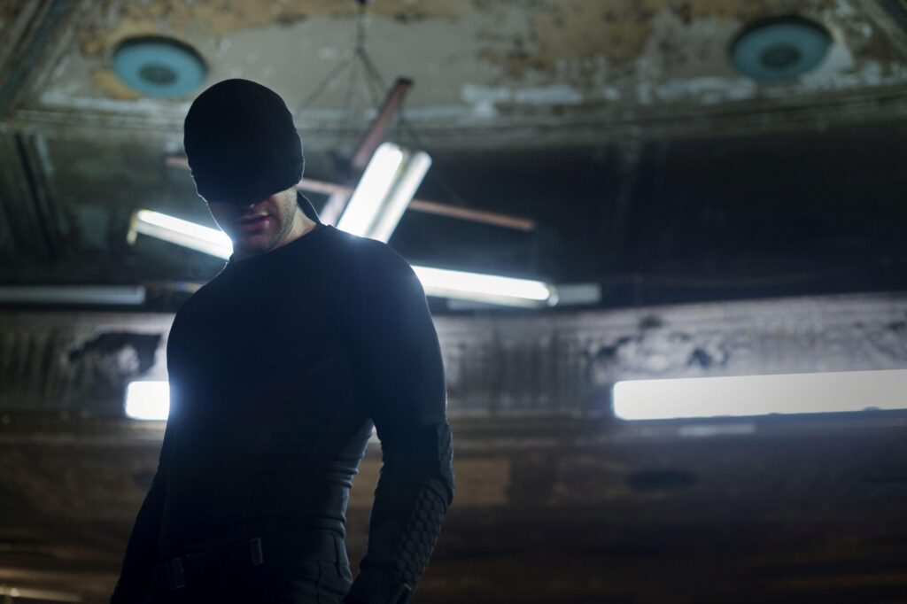Matt Murdock wearing the black vigilante suit inspired by The Man Without Fear comic