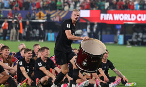 Erling Haaland leads Norway's Viking Row celebration after a FIFA World Cup 2026 match, highlighting the Viking Row meaning and fan tradition.